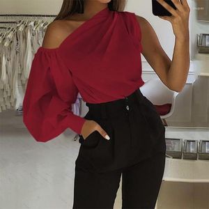 Women's Blouses Tops Women 2023 Trendy Fashion Diagonal Shoulder Shirt Asymmetric Left Right One Sleeve Loose Thin Casual Pullover Blouse