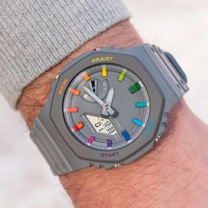 Iced Out Watch Sports Digital Quartz Herenhorloge Waterdicht Wereldtijd Full Function LED Auto Hand Raise Light Grey Double Rainbow Series