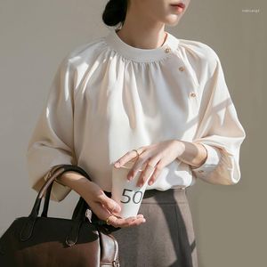 Kvinnor Bluses Korean Office Lady Chiffon Blus Women Spring Autumn Stand Collar Lång ärm Solid Color Knapped Shirt Vintage Loose Tops