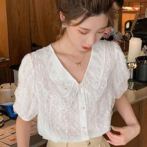 Frauenblusen Mode Frauen Lupe Summer Tops Perlen V-Ausschnitt Chiffon Hemd Frau süßer Spitzenbluse Französisch Elegant Kurzarm 16044