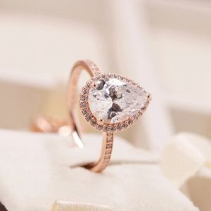 Anello a goccia radiante placcato oro rosa con Clear Cz Fit Pandora Jewelry Engagement Wedding Lovers Fashion Ring