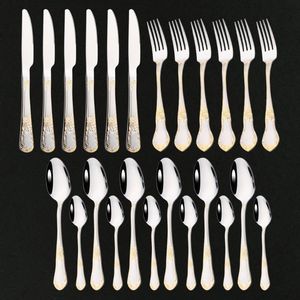 Dinnerware Sets 24Pcs Gorgeous Gold Stainless Steel Tableware Cutlery Set Kitchen Spoon Knife Fork Flatware Silverware Antique Style
