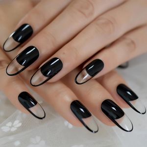 False unhas Design longo unha francesa preto exclusivo liso de borda falsa de cabeça oval dicas artificiais 24pcs