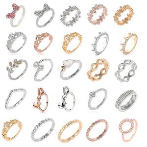 925 Silver Women Fit Pandora Ring Original Heart Crown Fashion Rings Color Bow Knot Finger Rings For Women Girls Sparkling Zircon