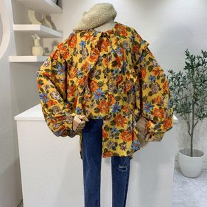 Blouses feminina Moda coreana Casual vintage para mulheres Todo-Poderoso Manga Longa Peter-Pan Collar Fleal Print Femme Tops