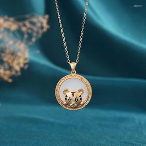 Pendant Necklaces Accessories Ancient Gold-Plated Enamel Color Tiger Year Zodiac Hetian Jade Mascot Necklace Female