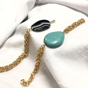 Bangle WT-B006 Big Promotion Natural Turquoises Or Black Agates With Gold Chain Can Be Worn By Both Men And Women Jewelry