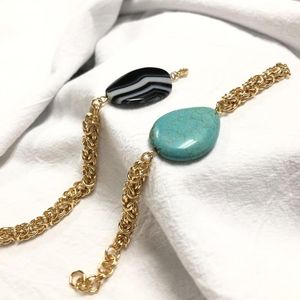 Il braccialetto WT-B006 Grande promozione turchesi naturali o agate nere con catena d'oro può essere indossato da gioielli sia da uomo che da donna