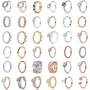 925 Mulheres de prata se encaixam em Pandora Ring original Coroa da coroa anéis de moda Princesa Wishbone com anéis de cristal para mulheres