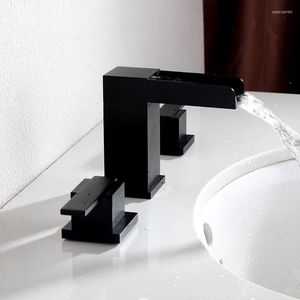 Rubinetti per lavabo da bagno Miscelatore per lavabo in ottone massiccio placcato nero di buona qualità Miscelatore per lavabo quadrato con acqua fredda e fredda 2 maniglie 3 fori