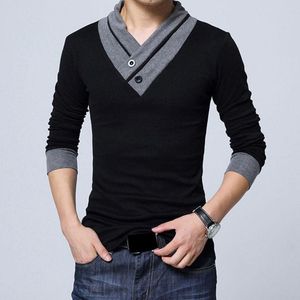 Men's T Shirts 2023 Autumn Men's Buttons Decoration V-neck T-shirt Mixed Color Matching Long Sleeve Fashion Casual Slim Fitting Base
