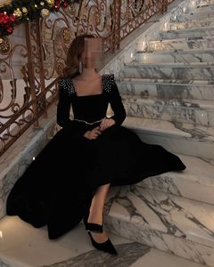 Black Velvet Long Sleeves Prom Dresses Beadings Square Neck Ankle Length Saudi Arabic Women Prom Gowns