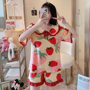 Men's Hoodies Ladies Short-sleeved Pajamas Female Doll Collar Cartoon Home Service Outer Wear Suit Shorts