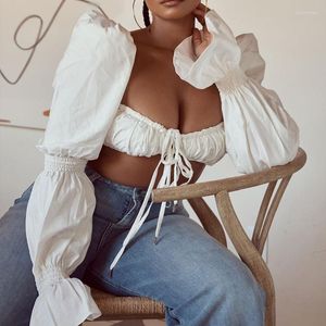 Women's Blouses High Street White Shirts Fashion Clothes Casual Puff Long Sleeve Front Tie Elegant Sexy Backless Crop Tops Blusas 21977