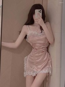 Casual Dresses Korean Sweet Sexy V-neck Drawstring Fold Lace Mesh Clothes Women Mini Dress Camisole Girl Female 7W8