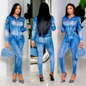 2023 Denim Blue Two Piece Sets Outfits Women Casual Top and Pant Set Slim Suits Wear Free Ship