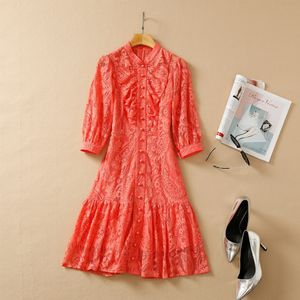 Spring 3/4 Sleeve Round Neck Dress Orange Paisley Lace Ruffle Detail Buttons Single-Breasted Elegant Casual Dresses 22Q042325 Plus Size XXL