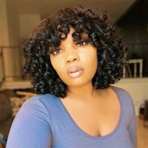 Fluffy Bouncy Curly Human Hair Wigs with Bangs Glueless Peruvian Remy Funmi Curls Short Bob Full Machine Made Wigs for Women