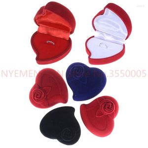 Christmas Decorations Rose Flower Design Gifts Holder Red Heart Shape Velvet Ring Box Engagement Wedding Jewelry Boxes For Lover 20pcs