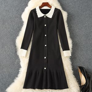 2023 Spring Black Contrast Kolor Kolorowa sukienka z dzianinem Buttons z klapami z długi rękaw