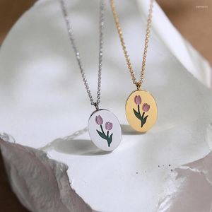 Anhänger-Halsketten, rosa handbemalte Tulpenblume, silberfarbene Halskette, Titanstahl plattiert, 18 Karat Gold, Schlüsselbeinkette, Modeschmuck, Geschenke