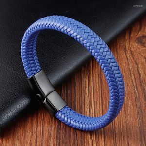 Charm Bracelets Free Custom Name Blue/red Leather Simple Business Men Stainless Steel Braided Bracelet Bagnet Lock Bangle