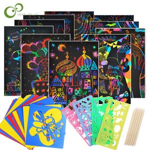 Magic Color Rainbow Scratch Painting Paper Card Set With Graffiti Stencil For Drawing Stick DIY Art Draw Toy