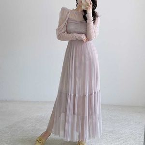 Casual Dresses Sweet Fairy Pleated Spring Elegant Puff Sleeve Long Dress 2023 Women Vintage Chic Sexy Gauze Robe Party LadiesCasual