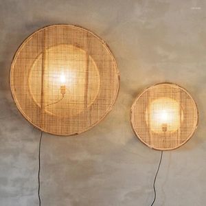 Lampa ścienna japońska rattan bambus drewniany kinkiet do salonu sypialnia vintage dekoracje domu e27 lekki loft