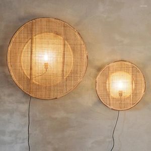 Vägglampa japansk rotting bambu trä sconce för vardagsrum sovrum vintage heminredning e27 sänglätt loft fixtur