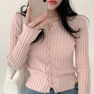Magliette da donna Coreano Sweet Girl Pink Crop Tops Autunno monopetto con scollo a V manica lunga Slim Fit Tees Chic Women Cute Knitted Shirt Y2K