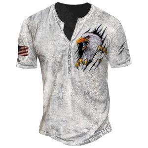 Vintage American Button V-neck patriotic shirts for Men - Gothic Style with US Flag Design, Short Sleeves, Oversized Fit, Perfect for Punk Streetwear and Street Fashion - Style 230303