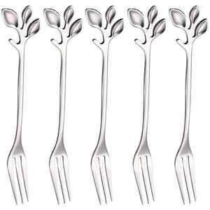 A utensília de jantar conjunta aço inoxidável Fork em forma de folha em forma de sobremesa Salada de frutas Acessórios de cozinha. Prata 5 itens