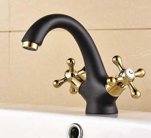 Bathroom Sink Faucets Black Oil Rubbed & Gold Color Brass Single Hole Deck Mounted Double Handles Vessel Basin Faucet Mixer Taps Mnf806