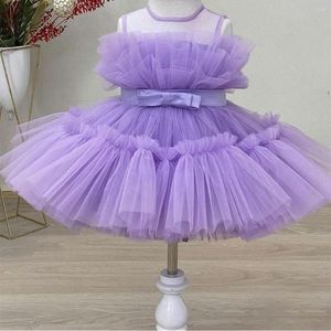 Girl Dresses Elegant O-Neck Lilac Short Flower Girls With Sash A-Line Puff Knee Length Pleated Vestido Floral