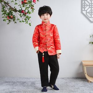 Etniska kläder vinterröd satin cheongsam topp eleganta barn pojke qipao kostym nationell kinesisk klänning män höstmodeller barn orientalisk