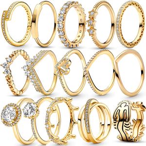 925 Silver Women Fit Pandora Ring Original Heart Crown Fashion Rings Gold Plated Zircon Sparkling Princess Wishbone