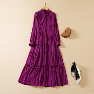 Spring Long Sleeve Long Maxi Dress Round Neck Purple Solid Color Chiffon Ribbon Tie Bow Panelled Elegant Casual Dresses Plus Size XXL 22Q042324