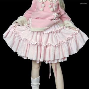 Skirts Harajuku Women Winter Thicken Warm Plush Skirt Y2k Sweet Pink White High Waist Pleated Fluffy Fleece Kawaii Lolita Mini