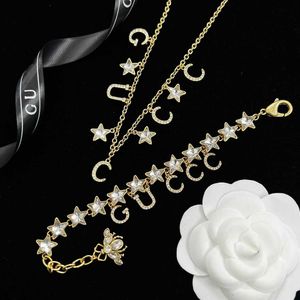 70% OFF 2023 New Luxury High Quality Fashion Jewelry for family's new temperament suit double letters full diamond necklace bee bracelet five-pointed star earrings