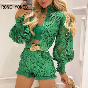 Women's Two Piece Pants Women Solid Hollow-out Puff Sleeve Sexy Short Sets 230303