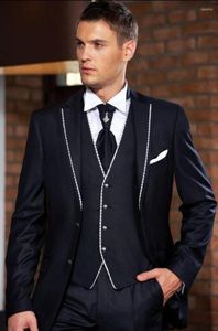 Men's Suits Navy Blue Men's Prom Business Suit Groom Tuxedos Dress Coat Waistcoat Trousers Set (Jacket Pants Vest Tie) H:011