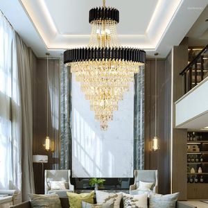 Chandeliers Crystal Round Gold Black Dimmable LED Lustre Chandelier Stair Lights Luxury Home Decor Appliance Living Room