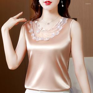 Women's Blouses 2023 Embroidery Sleeveless Silk Summer Satin Shirts Women Elegant Tops Casual Loose Vest Female Clothing 24668