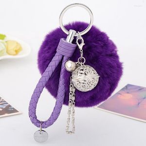 Keychains Faux Fur Ball Keychain Bell Chain Pompom Leather Braided Rope Key Ring Women Bag Ornaments Car Pendant Jewelry Trinket