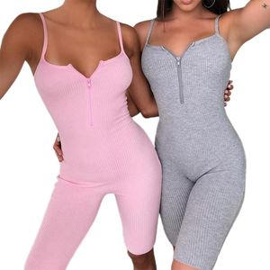 Women's Jumpsuits & Rompers Sexy Women Deep V-neck Front Zipper Jumpsuit Sleeveless Strap Bodycon Solid Bodysuit Sport Shorts TrousersWomen'