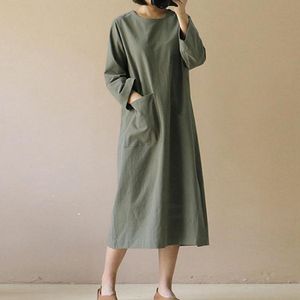 Casual Dresses 2023 Linen Midi Dress Womens Autumn Sudress Long Sleeve Split Tunic Vestidos Female Front Pocket Robe Streetwear