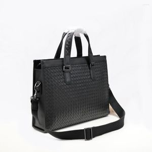 Briefcases Men's Briefcase Bag Shoulder Messenger Genuine Leather Woven Handbag Fashion Large Capacity Computer Case 2023