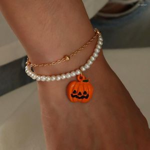 Strand Pumpkin Faux Pearl Bracelet Set For Women Halloween Gift AM4464