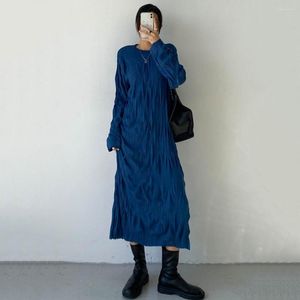 Casual Dresses Women Knitting Long Dress Spring Autumn 2023 Fashion O-Neck Sleeve Folds Skin Texture Design Loose A-Line